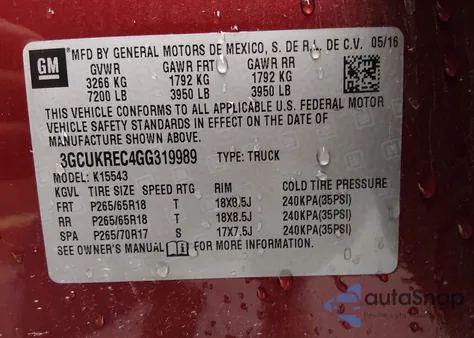 2016 Chevrolet Silverado 1500 1Lt from USA, damaged, VIN 3GCUKREC4GG319989